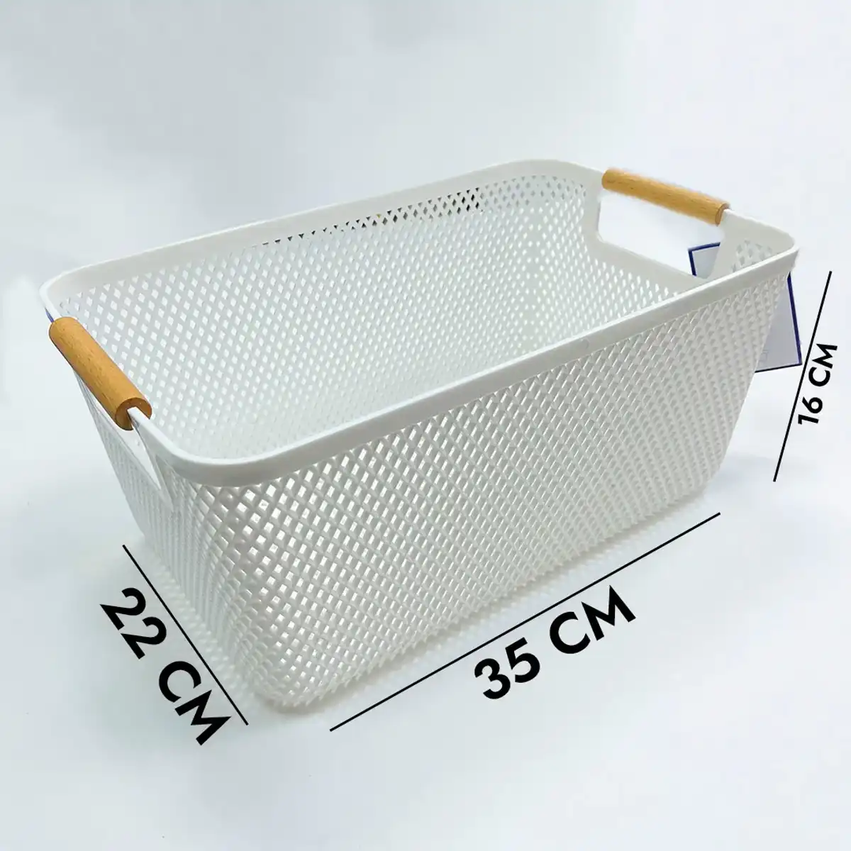 Органайзер белый пластиковый с деревянными ручками, сетчатый 35x22x16 см (ST-4906)